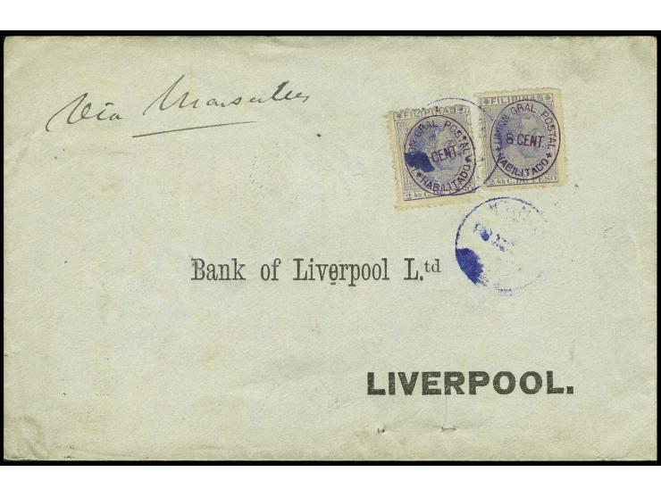 1887, 8 C. auf 2 4/8 C., zwei Einzelmarken mit unklarem blauem DKr. auf Vordruckbrief nach Liverpool mit Ankunftsstempel (Edi