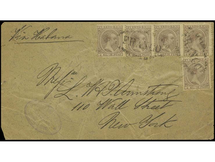 2 M. braun, 4er-Streifen und Einzelmarke mit Ovalstempel "FRANCO" auf Briefkuvert nach New York mit Ankunftsstempel, etwas kn