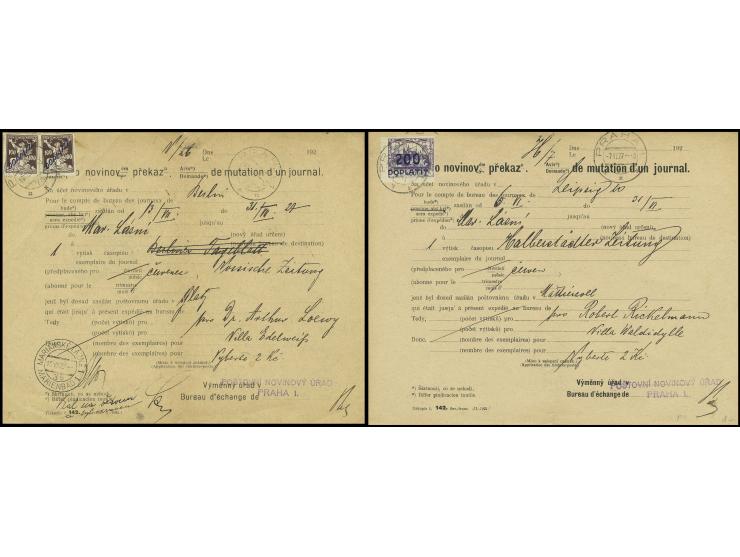 1922, 200 H. auf 400 H., gestempelt "PRAHA 7.VI.27" und 1927, 100 H., 2 Stück mit Stempel "PRAHA 18. VII 27" jeweils auf Form
