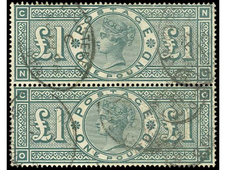 1887/92, 1 £ green, vertical pair with oval "Registered" cds., slight tears (SG £ 1.400,-+) (ex Sammlung Gubito)