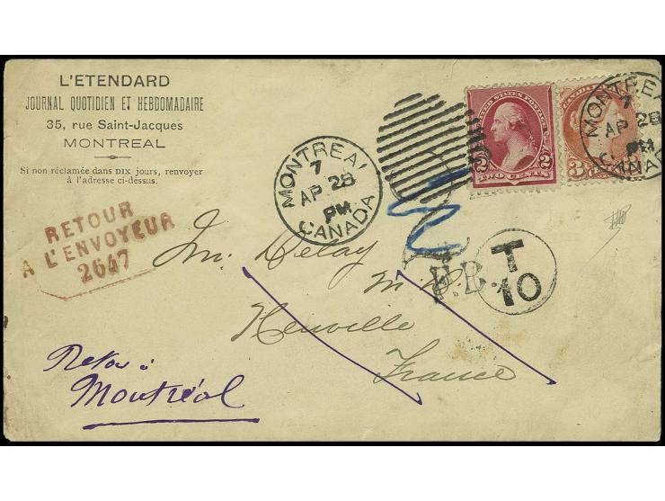 1870/93, 3 c. orange-red and USA 1890/93, 2 c. red, tied by 'MONTREAL AP 28' to entire cover to Neuville, insufficiently paid