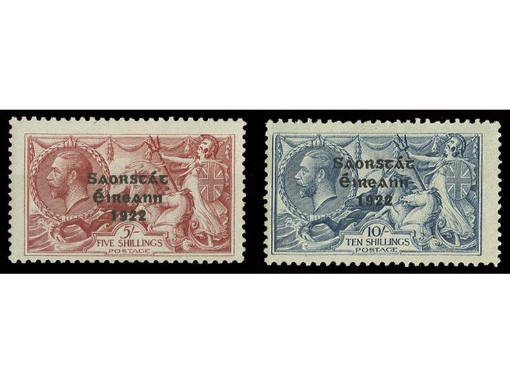 1922, 5 s. red-rose and 10 s. dull grey-blue, unused without gum, fine, Hamilton-Bowen certificate (SG 240,-)