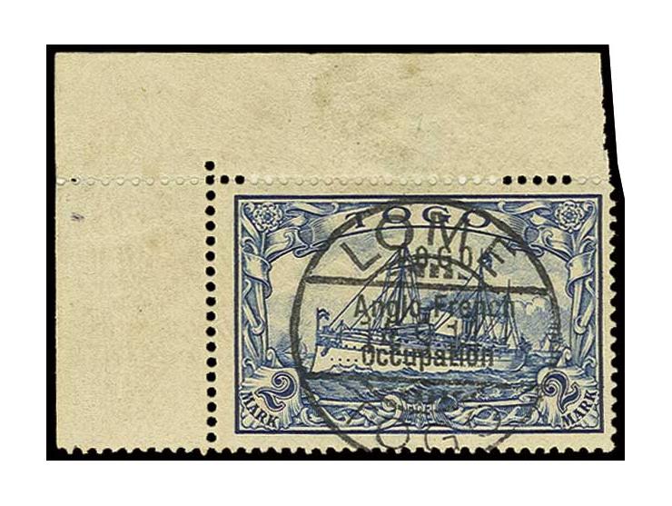 2 M. blue from the upper left sheet corner with clear central strike of "LOME 14/9 14", fine, rare stamp, certificate BPA (19