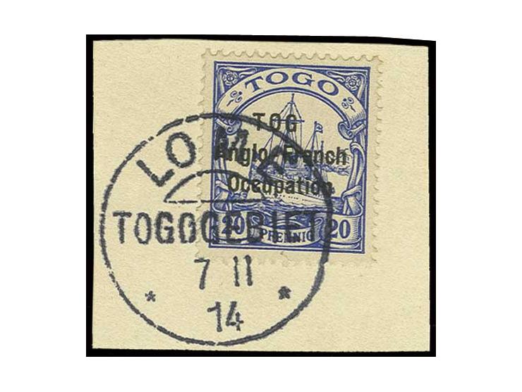 20 Pfg. with overprint error "TOG" tied by strike of "LOME 7 11 14" to piece, fine, signed Bühler with certificate (ex Sammlu