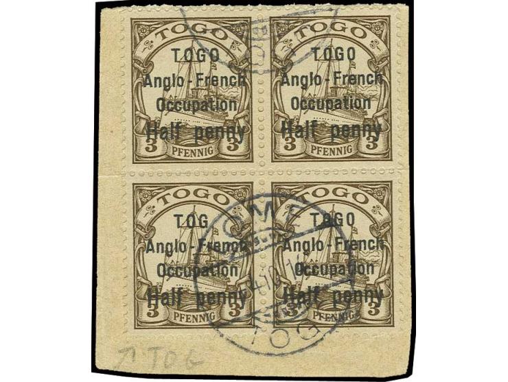 ½ d. on 3 Pfg. block of four, lower left stamp with overprint error "TOG", tied by "LOME 4.10.14" to piece, horizontal fold t