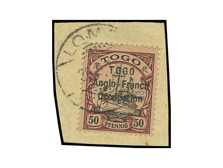 50 Pfg. tied by strike of "LOME 29.9 14" to small piece, fine, certificate RPSL (1923) (ex Sammlung Gubito)