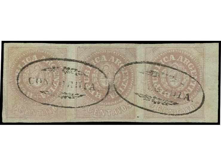 1862, 5 c. rose-lilac, a fine used horizontal strip of three from right of sheet, cancelled by oval 'Concordia' handstamps in