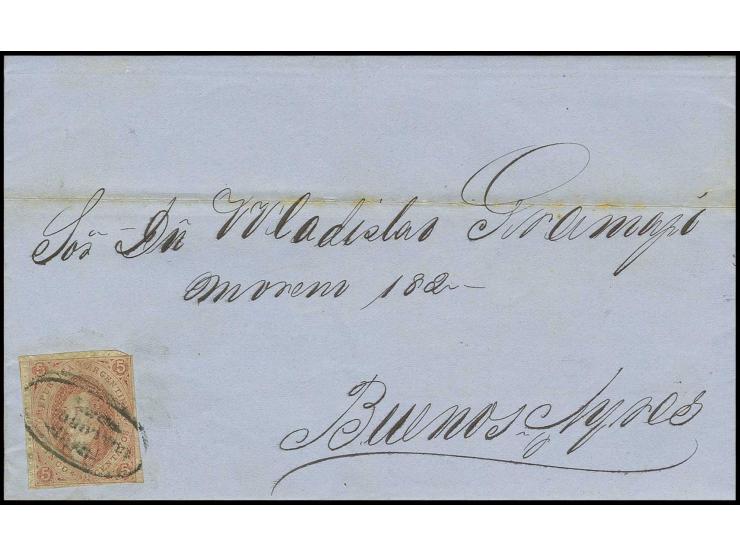 1864, Rivadavia, perforated issue 5 c. brown-rose, tied by oval 'Concordia' in black to entire letter from Concordia to Bueno