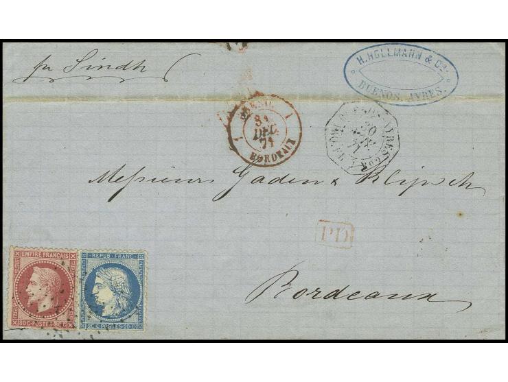 MARITIME POST: 1871 (Jan 30), entire letter from Buenos Aires to Bordeaux with scarce mixed issue franking of France 1867, 80