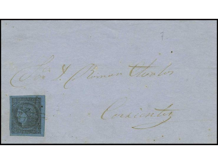 1860/80, (3 c.) on blue (type 7), used on letter sheet to Corrientes, cancelled by five manuscript pen strokes (Scott-no.3)