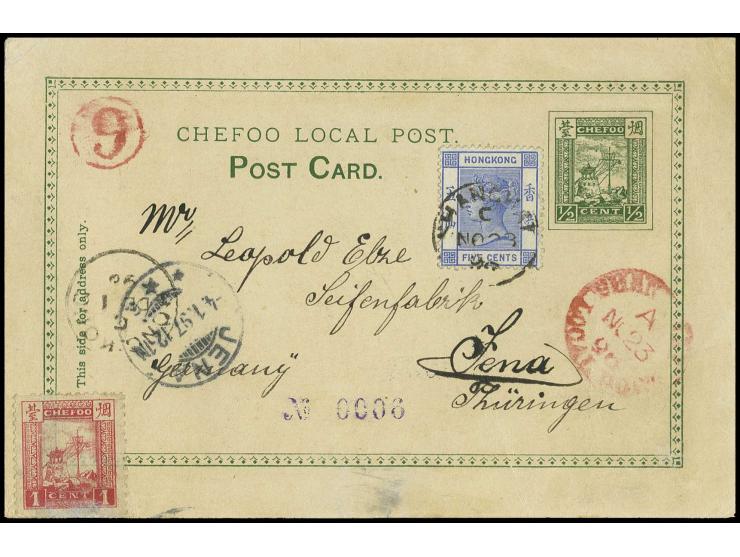MISCELLANEOUS ITEMS: 1897, "SHANGHAI LOCAL POST NO. 23 97", cds. in red on Chefoo post card 1/2 c. with added 1 c. (faults) f