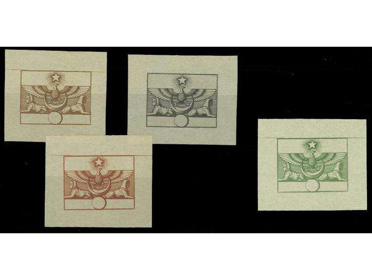 1866, Essay of Riester, Paris, without value, 4 copies in different colours, one slightly thinned on reverse; fine and scarce
