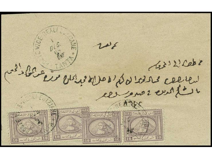 10 pa. mauve, 2 horizontal pairs (types I/II and III+IV), tied by cds. "POSTE VICE-REALI EGIZIANE TANTA 1 DEC. 69" to folded 