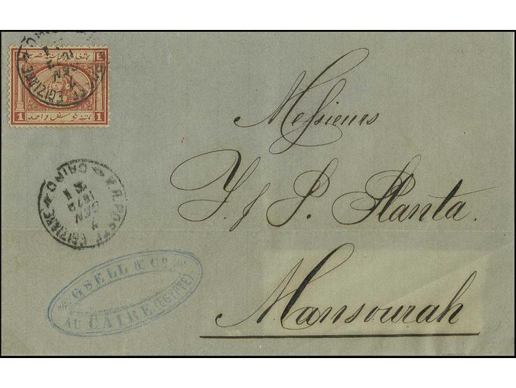 1 pia. red, tied by cds. "V.R. POSTE EGIZIANE CAIRO 7 GEN 1872" to folded cover to Mansura; very scarce usage during the last