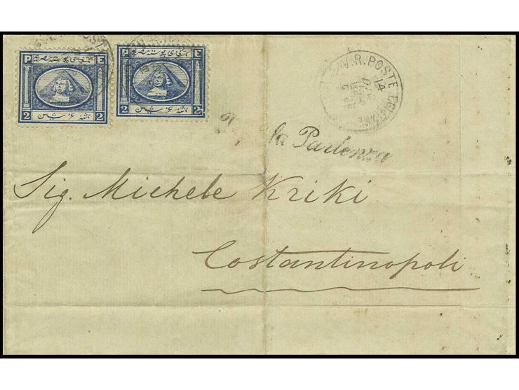 2 pia. blue, 2 copies, tied by cds. "V.R. POSTE EGIZIANE CAIRO 14 DIC 1868" to folded cover to Constantinople, showing on rev