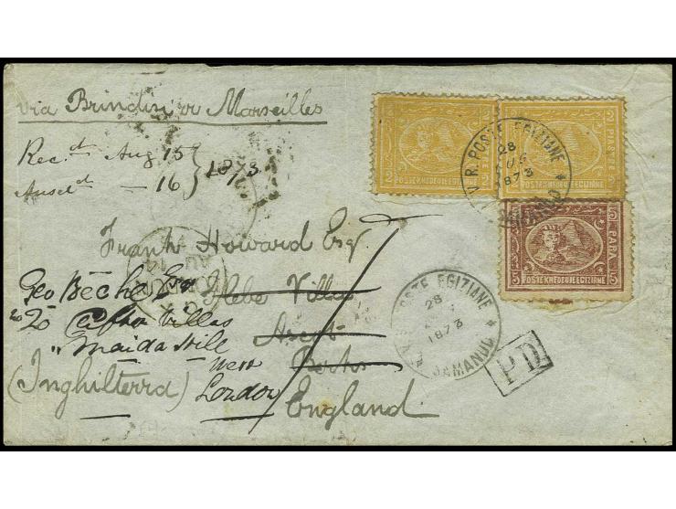 1872, first printing: 5 pa. brown and two singles 2 pa. yellow tied by cds. 'V.R. POSTE EGIZIANE SAMANUD 28 AUG 1873' to cove