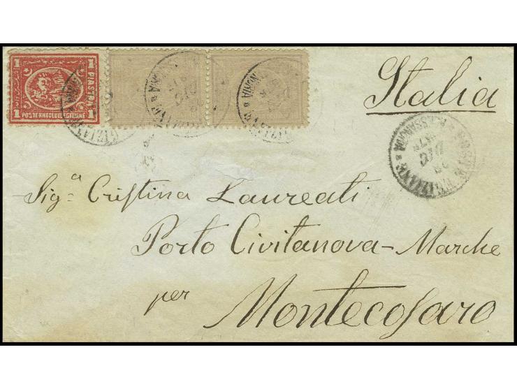 10 pa. pale mauve in horizontal pair with 2nd printing 1 pia. scarlet, tied to cover (opened on 2 sides) from "POSTE EGIZIANE