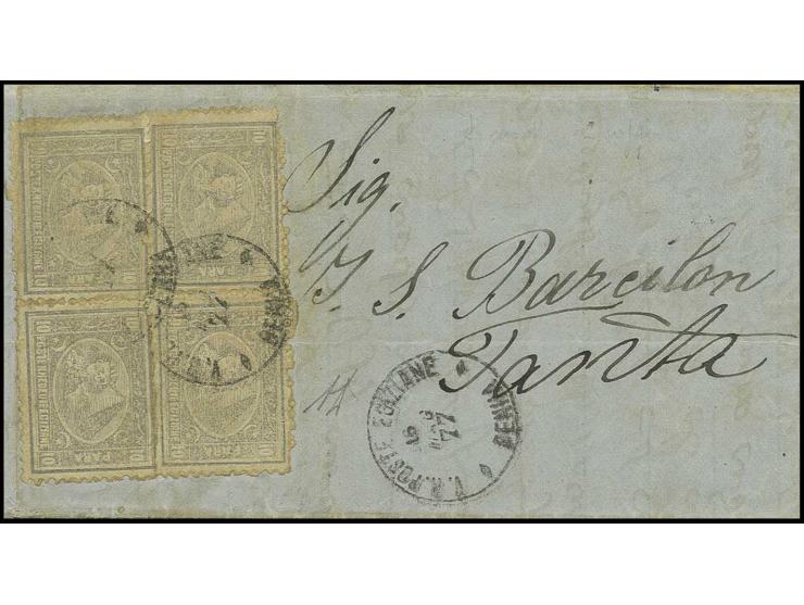 1875, 2nd printing: 10 pa. grey, perf. 13 1/3:12 1/2, two horizontal pairs, tied to entire folded letter from "V.R. POSTE EGI