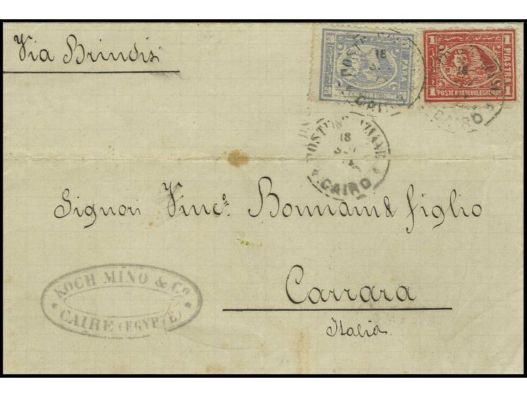 20 pa. grey-blue and 1 p. brick-red, tied by cds. "POSTE EGIZIANE CAIRO 18 SET 75" to cover to Carrara, front endorsed "via B