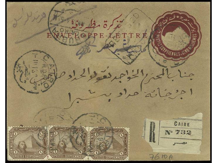 1889, 1 p. brown, horizontal pair and single stamp tied by cds. "CAIRO" to registered 5 m. postal stationery, front and rever
