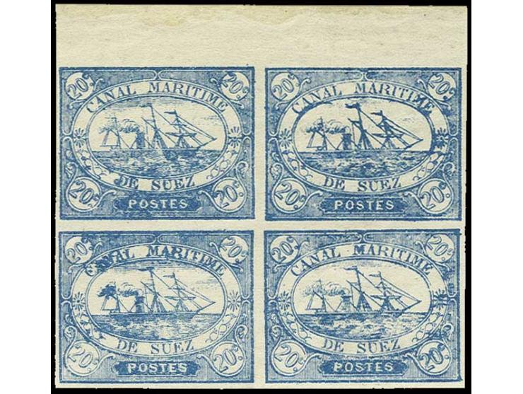 Canal Maritime de Suez: 1868, 20 c. blue, block of four with upper sheet margin, unhinged mint, scarce multiple, fine