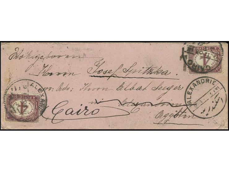 POSTAGE DUE STAMPS: 1889, 4 m. brown-lilac, 2 copies tied by Alexandria cds. to front of small cover from Austria to Alexandr