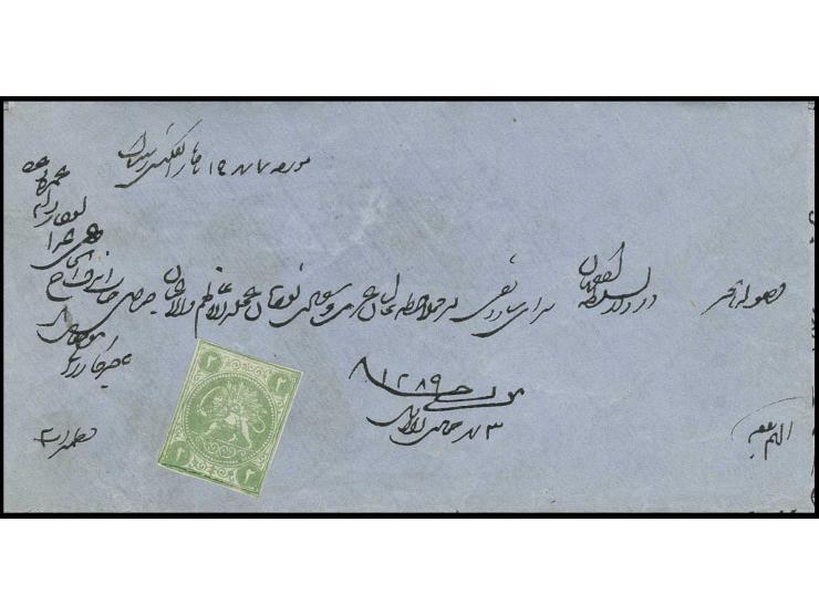 1868, Lion 2 ch. green used on local cover of Isfahan with original contents, fine