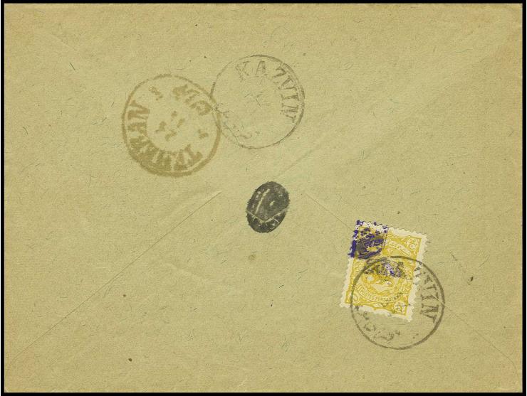 1899, handstamp applied in pairs resp. block of 4: 5 ch. yellow, 2 single frankings on reverse of covers from Chiraz resp. Ka