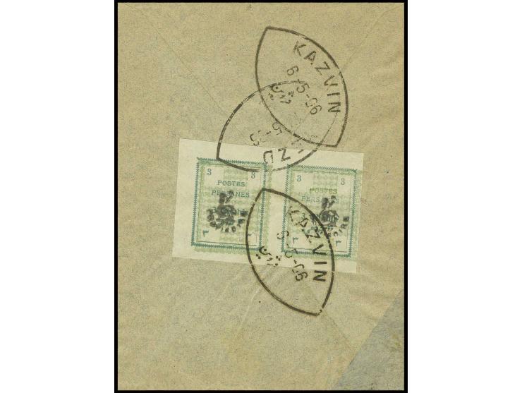 1906, provisional stamps for Tabris 3 ch., 2 horizontal pairs, each on reverse of cover from Kazvin to Yezd, one stamp with "