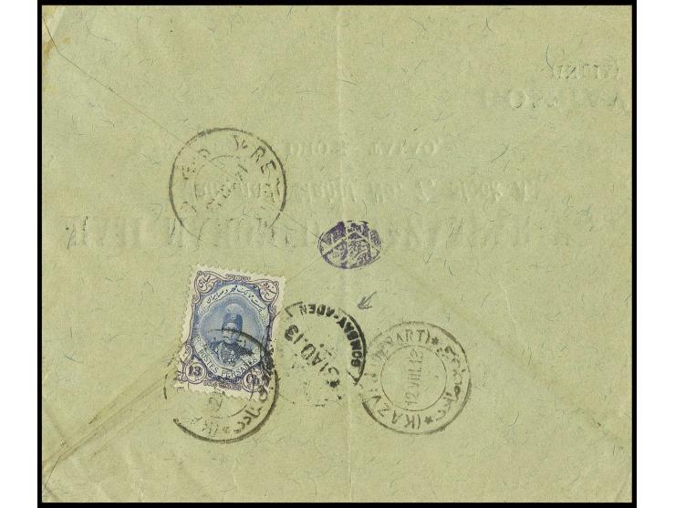 1911, Ahmed Shah 13 ch., 2 single frankings, each on cover from Kazvin to Bombay, both with adjacent "Sea post office Bombay-