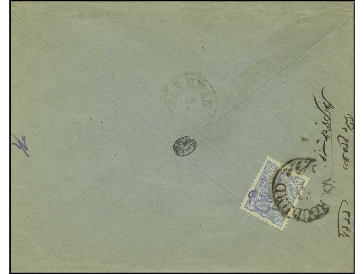 "BOUROUDJIRD 23/7" on 1902, 5 CHAHIS on 10 ch. on reverse of cover