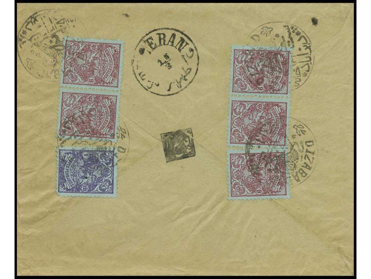 "DIZABAD", seal marking with lion in center, 4 good to very clear strikes on 1907, 1 ch. and single and 2 pairs 6 ch. on reve