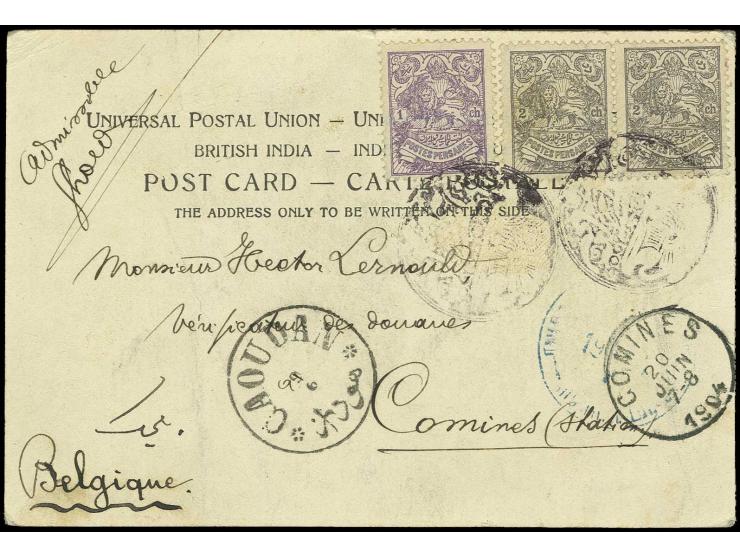 "SISTAN-NASSIRABAD", fancy seal cancel in black, two strikes on 1903/04, 1 ch. and 2 ch. (2) on postcard via Caoudan and Russ