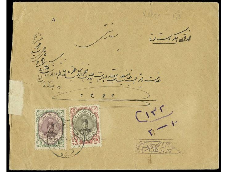 "opened by censor in Kurdistan", boxed violet marking on front of registered cover with Ahmed Shah 2 ch. and 2 kr. from Gherv