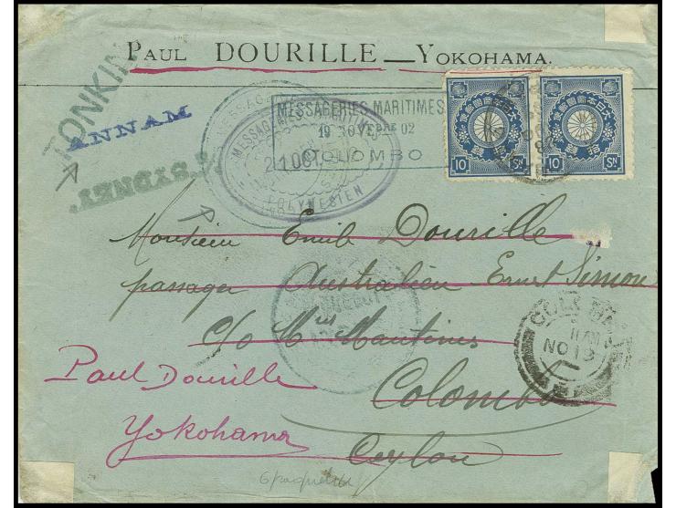 1899, kiku 10 s. blue in horizontal pair, tied by cds. of Yokohama to envelope to Colombo and returned with adjacent boxed "M