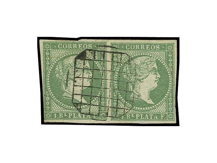 Antilles 1 r. yellow-green, a slightly creased horizontal pair, cancelled by complete strike of the special 'boxed parilla' h