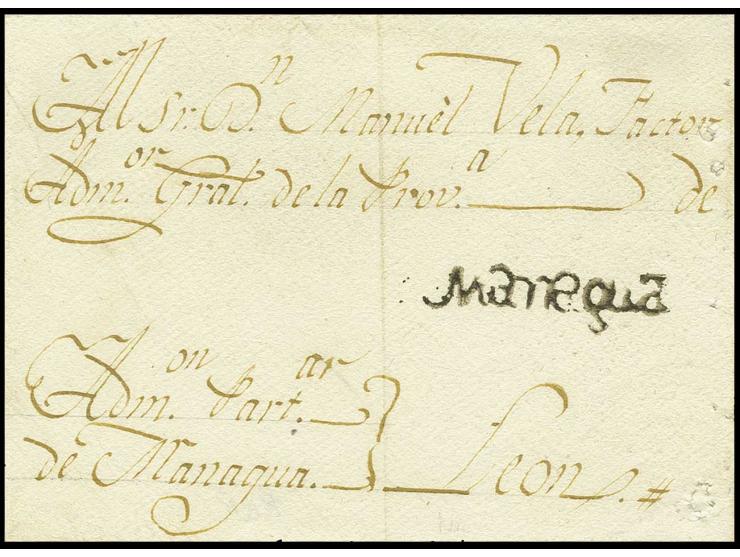 1810 (ca.), cover front to Leon with good strike of scarce 'Managua' script handstamp in brown (Harris 5)