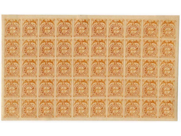 1878, 50 c. clear orange shade on thick paper, superb sheet of 50 subjects (10x5), mint with full somewhat dried brown gum, w