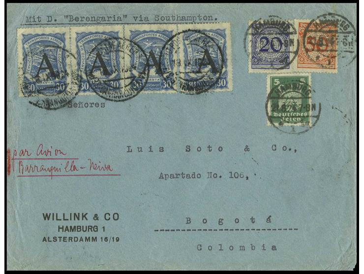GERMANY: "A" on single and 2 pairs, cancelled "BARRANQUILLA" on 2 covers with German additional franking from Hamburg to Bogo