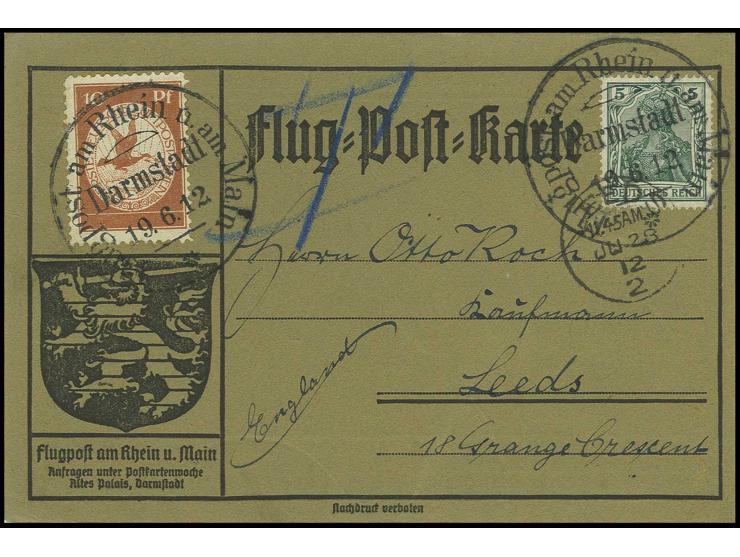10 Pfg. mit Stempel "DARMSTADT 19.6.12"  auf Karte mit Zusatzfrankatur 5 Pfg. (statt 10 Pfg.) nach England mit vorderseitigem