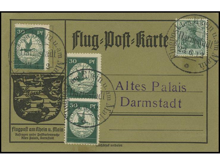 30 Pfg., 3 Stück, davon zwei stark dezentriert gezähnt, alle vorderseitig mit Stempel "DARMSTADT 23.6.12" auf Karte, Pracht