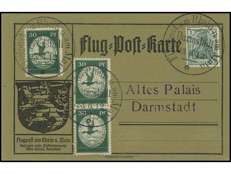 30 Pfg., 3 Stück in üblicher Zähnung, alle vorderseitig mit Stempel "DARMSTADT 23.6.12" auf Karte