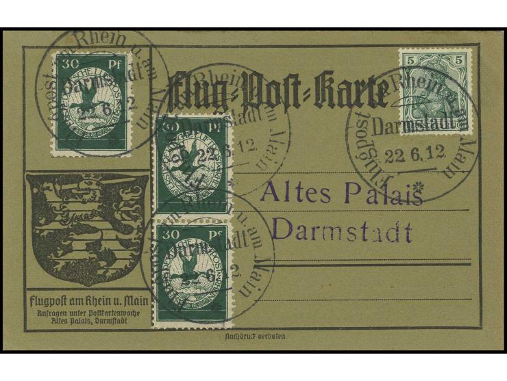 30 Pfg., 3 Stück in üblicher Zähnung, alle vorderseitig mit jeweils Stempel "DARMSTADT 22.6.12" auf Karte, Pracht