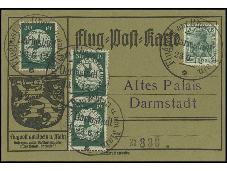 30 Pfg., 3 Stück (ein Wert kurzer Zahn) mit Stempel "DARMSTADT 23.6.12" auf Karte mit großer Nr. "833"