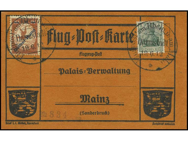 1 M. mit Stempel "DARMSTADT 19.6.12" auf oranger Karte mit großer Nr. "834", Pracht