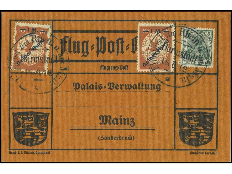 1 M., 2 Stück, davon eine mit Plattenfehler "Huna", gestempelt "DARMSTADT 18.6.12" auf orangefarbener Karte mit gedruckter Ad