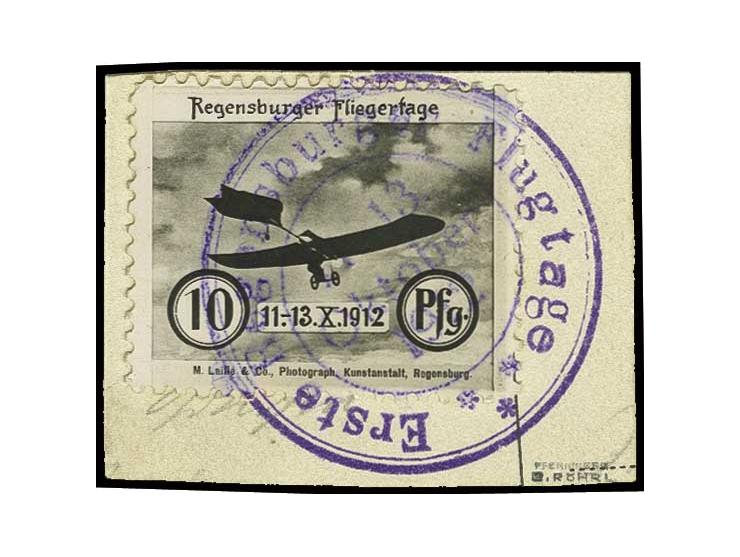 Regensburger Fliegertage 10 Pfg. mit Stempel "Erste Regensburger Flugtage 13. Oktober 1912 " auf kleinem Briefstück, sign. Pf