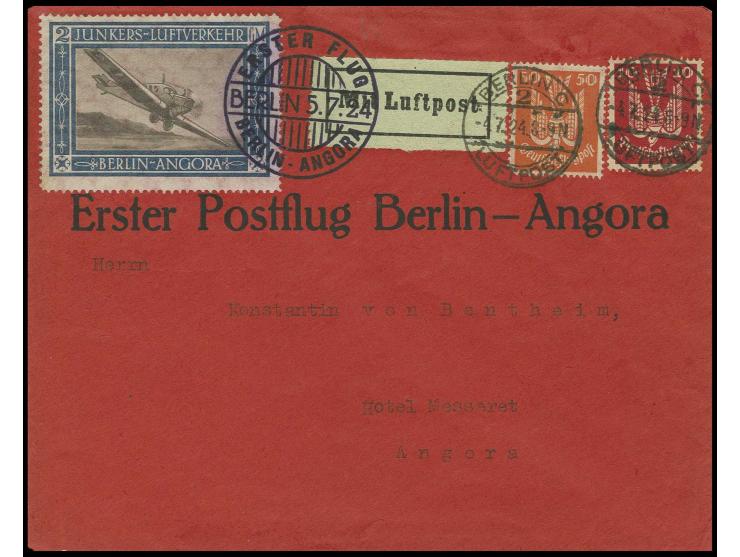 1924, Angora-Flug 2 GM. mit Zufrankatur auf Sonderumschlag nach Angora mit Transit- und Ankunftsstempeln; im Umschlag unten k