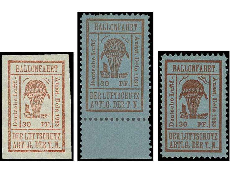 1933, Ballonfahrt der Technischen Nothilfe Hamburg 30 Pfg. lebhaftrosarot, breitrandig ungezähnt, ungummiert wie verausgabt, 