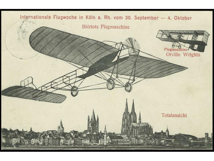 1909, Bildkarte 'Blériots und Wrights Flugmaschinen über Panorama von Köln' mit Augenzeugenbericht 'Cöln, 7.10.09' nach Arnsb